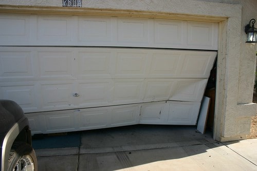 A broken garage door panel